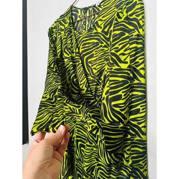 RONNY KOBO Women's Neon Green Zebra Animal Print Side Ruffle Dress Size 10 - Picture 9 of 16